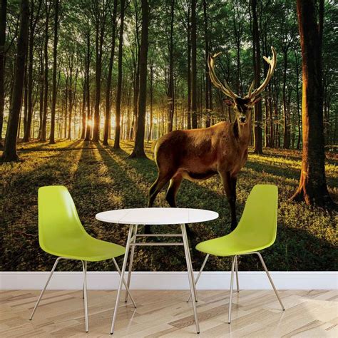 Deer Forest Trees Nature Wall Paper Mural Buy At Europosters