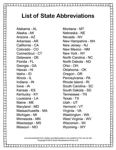 Printable List Of States