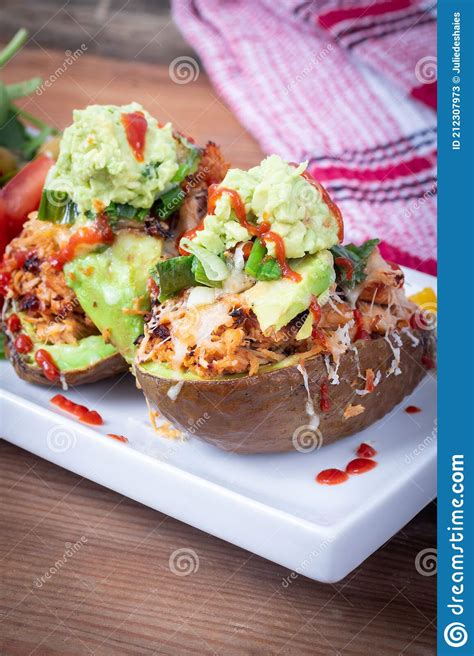 Stuffed Avocado With Pulled Pork And Side Salad Stock Image Image Of