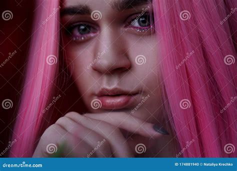Beauty Fashion Model Girl With Pink Hair Colourful Hair Stock Photo