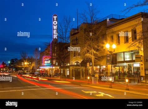 The Historic Tower Theatre On Wall Street At Dusk In Downtown Bend