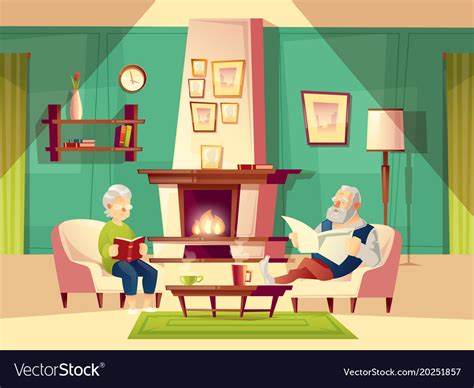 July 15, 1990 in the watternods' living room with the watternods' dog and mr. Cartoon old man and woman in living room Vector Image
