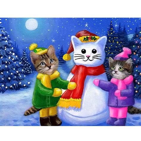 5d Diamond Painting Winter Cat Snowman Paint With Diamonds Art Crystal