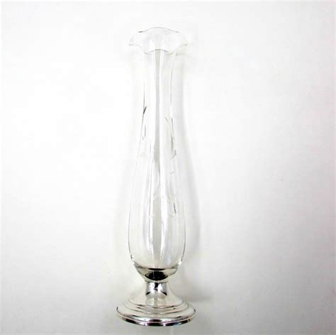 Estate Etched Glass Vase With Sterling Silver Base By Empire S And K Ltd