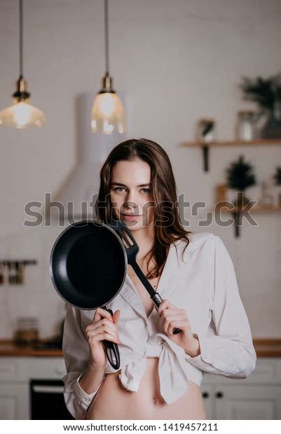 Attractive Girl Kitchen Lingerie Posing Stock Photo 1419457211