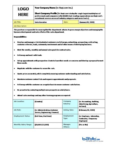 Sales Executive Job Description Microsoft Word Template Job