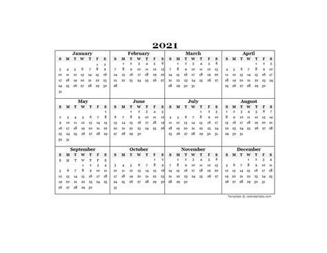 2021 Calendar Printable Template