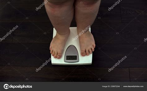 Fat Man Measuring Weight Scales Home Obesity Problem Sedentary Life