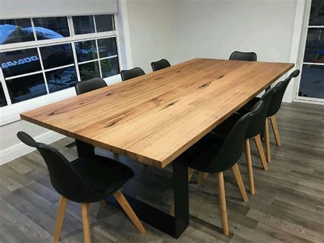 Farmhouse table, authentic reclaimed barn wood. Recycled messmate dining table with black flat bar metal ...