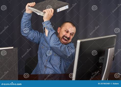 Angry Businessman Smashing Computer Stock Image Image Of Monitor Desk 207803481