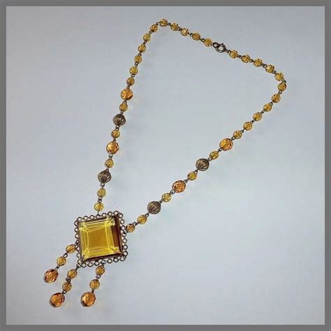 Czech Art Deco Amber Cut Glass Jewel Drop Necklace Bejewelled Ruby Lane