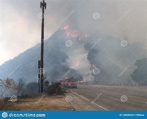 Forest Fire With Big Flames And Fire Truck Editorial Stock Photo
