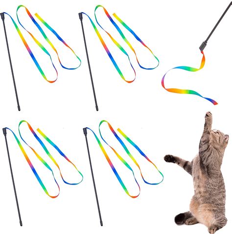 Yuloyi Cat String Toys 4 Packs Rainbow Wand Toys