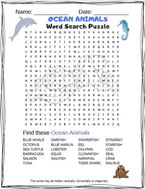 Ocean Animals Word Search Puzzle Free Printable In 2021 Word