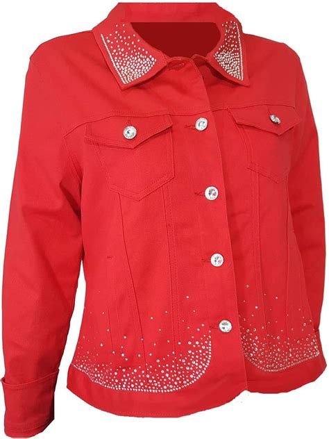 Denim Jacket Red Bling Rhinestone With Stretch Womens At Amazon Womens