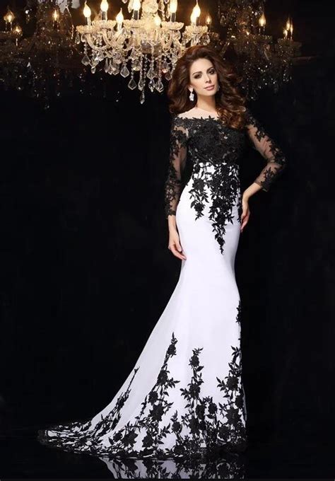 2019 New Elegant White And Black Lace Applique Mermaid Evening Dress