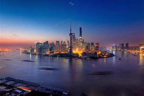 Long Exposure City Lights Water China Shanghai City Hd Wallpaper
