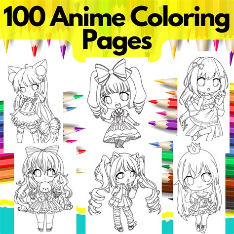 100 Anime Coloring Pages Adult Coloring Instant Download Relaxation Coloring Printable Coloring