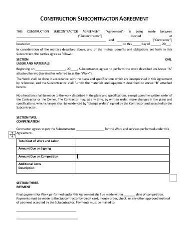 Construction Subcontractor Agreement Template In 2020 Construction