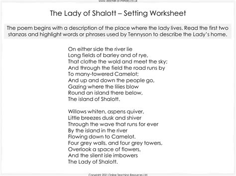 The Lady Of Shalott Lesson 2 Setting Worksheet English Year 5