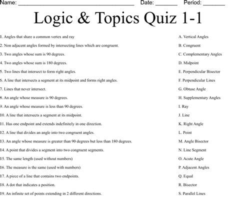 Logic And Topics Quiz 1 1 Worksheet Wordmint