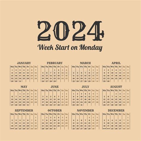 2024 Calendar With The Weeks Start On Sunday Stock Vector