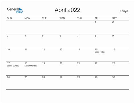 Printable April 2022 Monthly Calendar With Holidays For Kenya