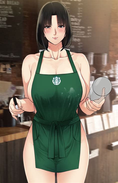 Xter Original Starbucks Highres 1girl Apron Black Hair Blush Breasts Collarbone Green