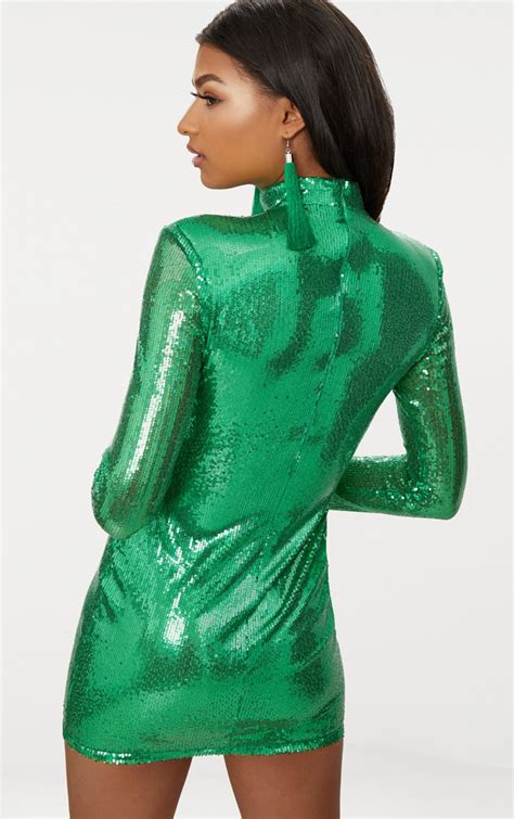 Bright Green Sequin Long Sleeve Bodycon Dress Prettylittlething