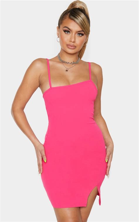 Hot Pink Strappy Split Hem Bodycon Dress Prettylittlething