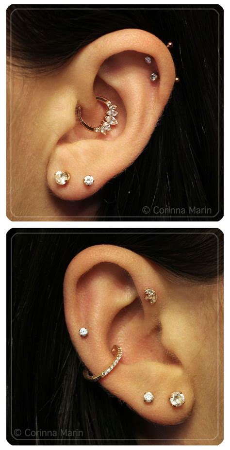 Two Pictures Of An Ear With Different Types Of Piercings