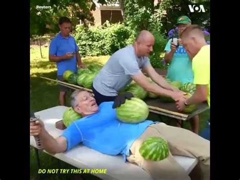 Record Set For Most Watermelons Sliced In Min On Man S Own Stomach Youtube