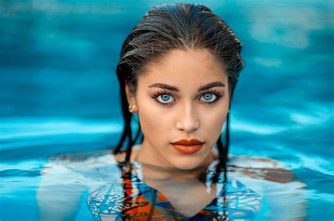 Hd Wallpaper Face Women Water Blue Eyes Wet Hair Swimming Pool