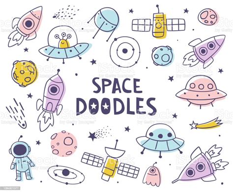 Set Of Space Outline Doodles Cosmic Collection Of Spaceships Stars Ufo