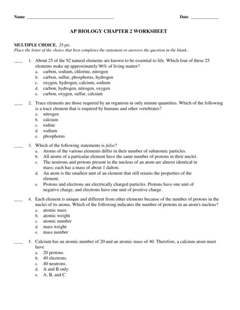 Examview Ap Biology Chapter 2 Worksheet 2015tst