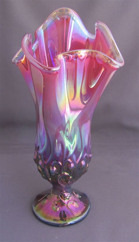 Fenton Plum Opalescent Lily Of The Valley Pattern Art Glass Swung Vase Fenton Glassware