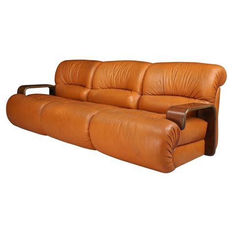 Large Lounge Sofa In Bentwood And Cognac Leather Italy In The 1970s