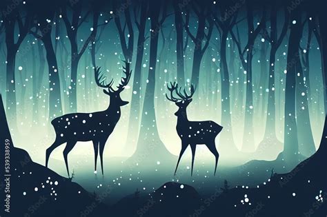 Mystical Glowing Deer Silhouette In Dark Forest At Night 2d