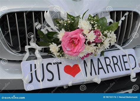 Just Married Sign Attached On Car`s Trunk Stock Photo Image Of Bumper