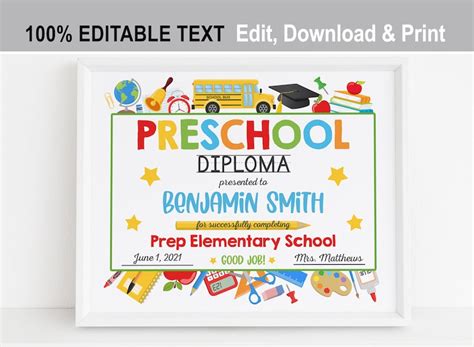 Editable Preschool Graduation Diploma Printable Boy Etsy