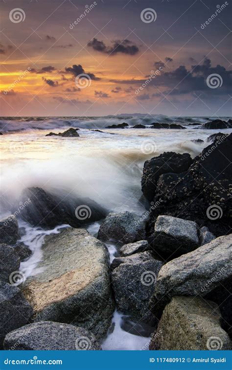 Beautiful Sea View Scenery Over Stunning Sunrise Background Stock Photo