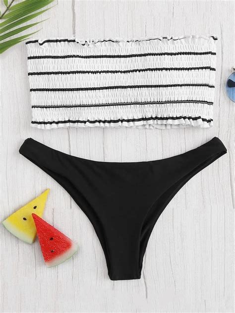 Random Striped Shirred Bandeau With Hipster Bikini Bottom Bikinis