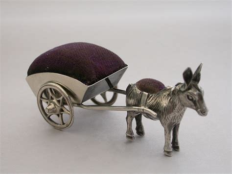 Edwardian Novelty Silver Donkey Pulling A Cart Pin Cushion By Adie