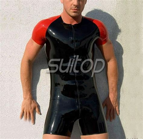 Mens Latex Jumpsuit Rubber Leotards With Front Zip