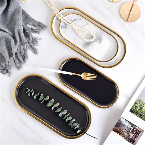 Gold Plated Ceramic Marble Storage Tray Food Fruit Breakfast Oval Plate