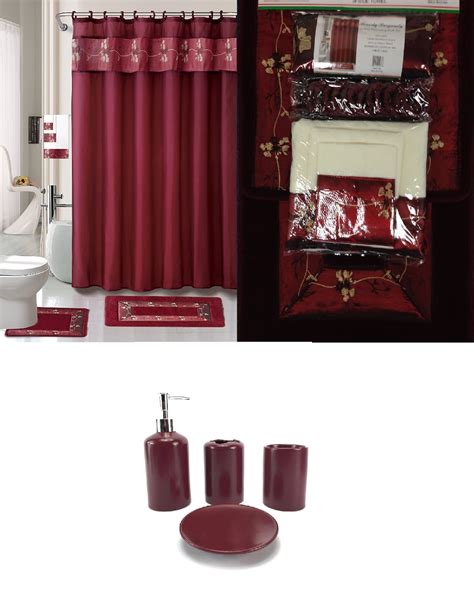22 Piece Bath Accessory Set Burgundy Red Bath Rug Set Shower Curtain