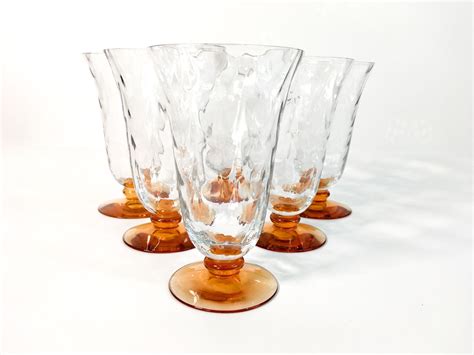 6 Vintage Amber Iridescent Tall Iced Tea Glasses Goblets With Amber Base And Clear Optic Bowl