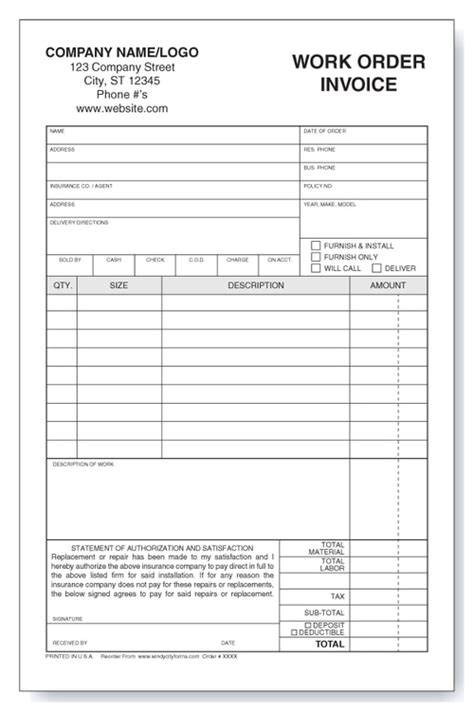 Auto Glass Work Orderinvoice Windy City Forms