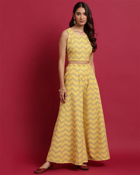 Mellow Yellow Printed Crop Top And Flared Palazzo With Jacket Set Of Three By Rivaaj The