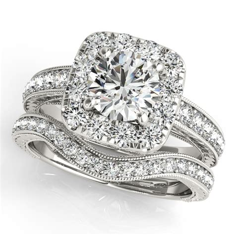 Certified diamond engagement ring reg. Square Diamond Halo Engagement Ring & Wedding Band 14k W ...